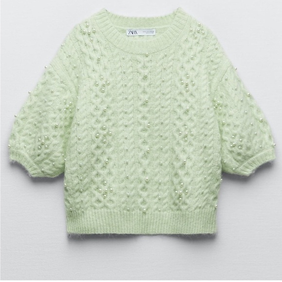 NWOT Zara Wool & Alpaca Blend Light Green Knit Sweater with Pearls - Picture 3 of 9